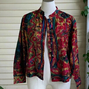 Chicos 3 (US XL) Silk Blazer Jacket Embroidered Sequins Beaded Colorful Artsy